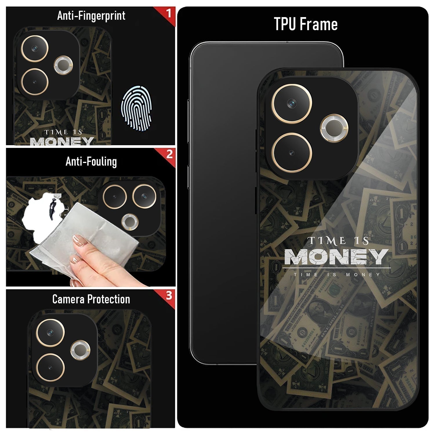 Oppo A5 Pro 5G Premium Acrylic Shockproof Glass Back Case (Time is Money )