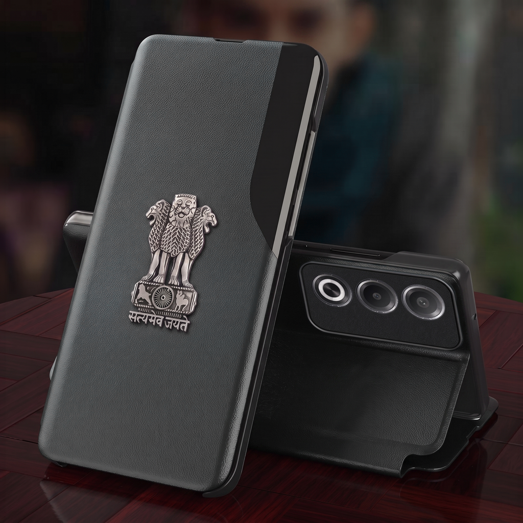 Oppo A3 Pro 5G Metal Emblem Satyamev Jayate Half Window Leather Flip Case