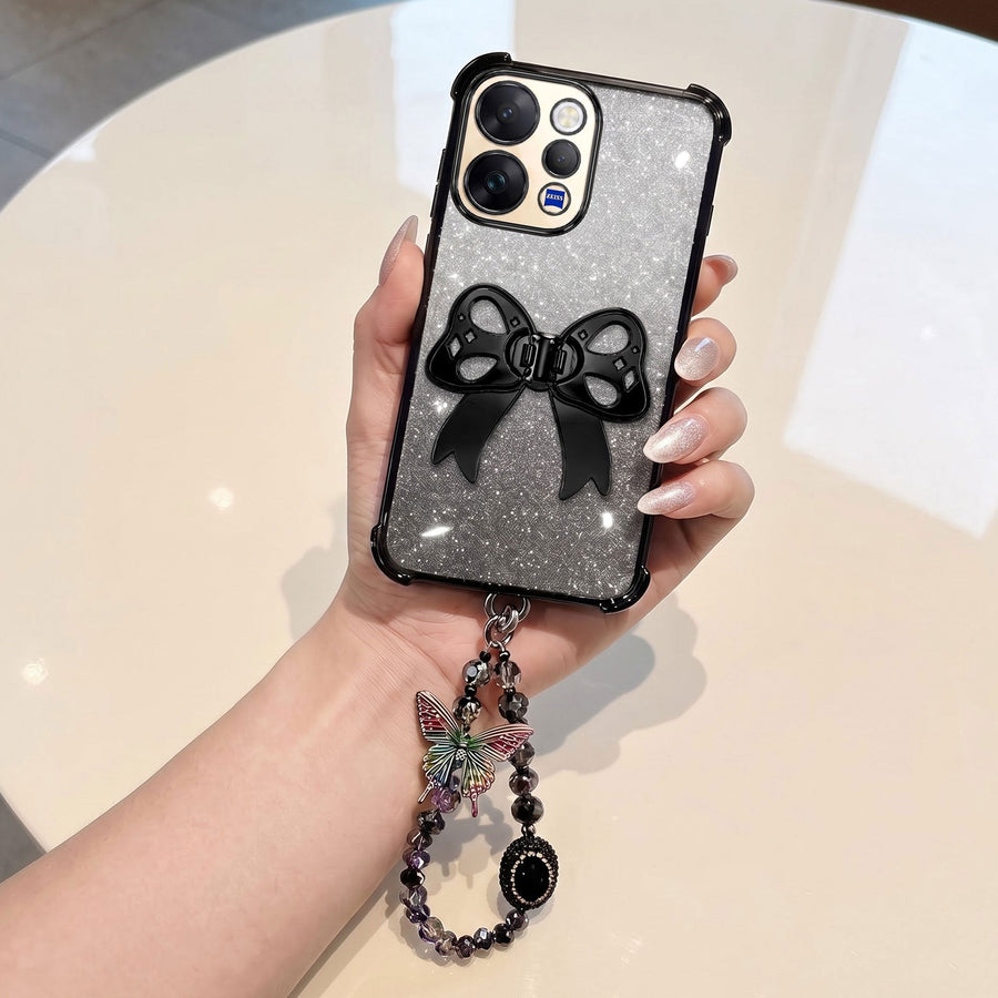 Vivo V70 5G Luxury Shimmer Airbag Bow Stand Case with Charm Strap