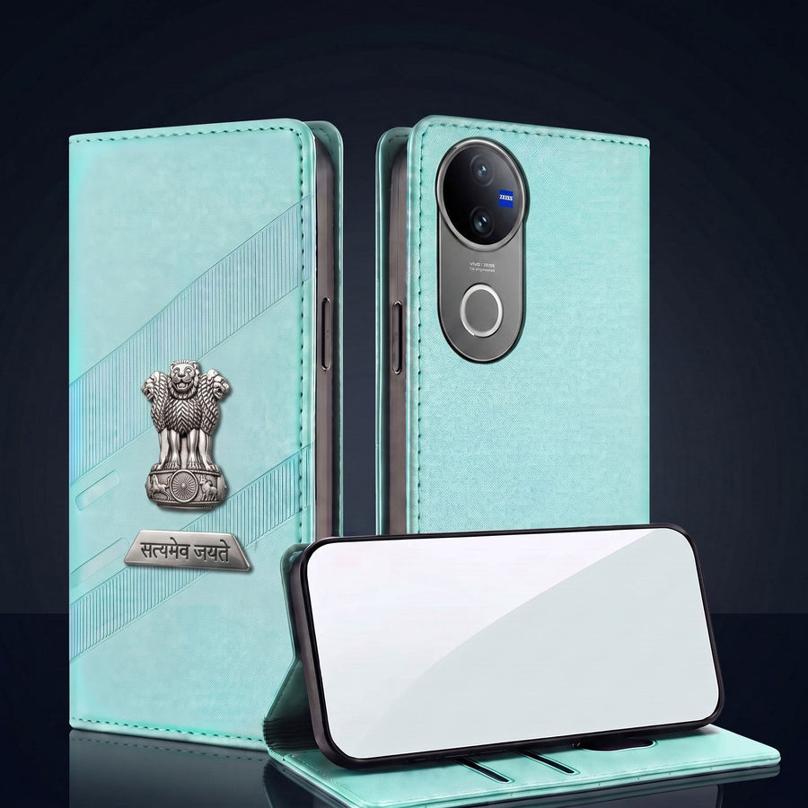 Vivo V50 5G Metal Satyamev Jayate 2-in-1 Emblem Magnetic Flip Wallet Case