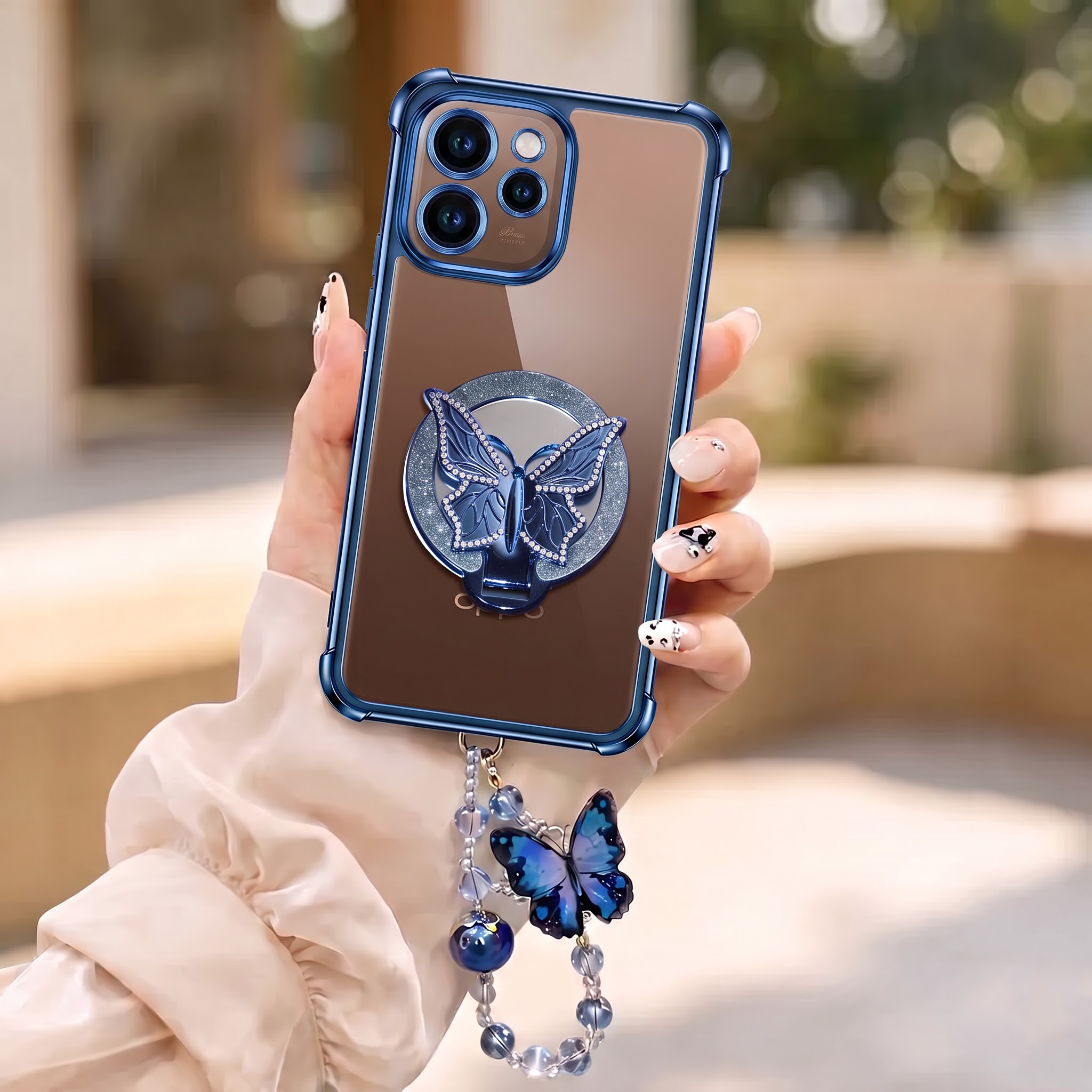 Oppo Reno 15 Pro Mini 5G Transparent Airbag Butterfly Stand Case with Charm Strap