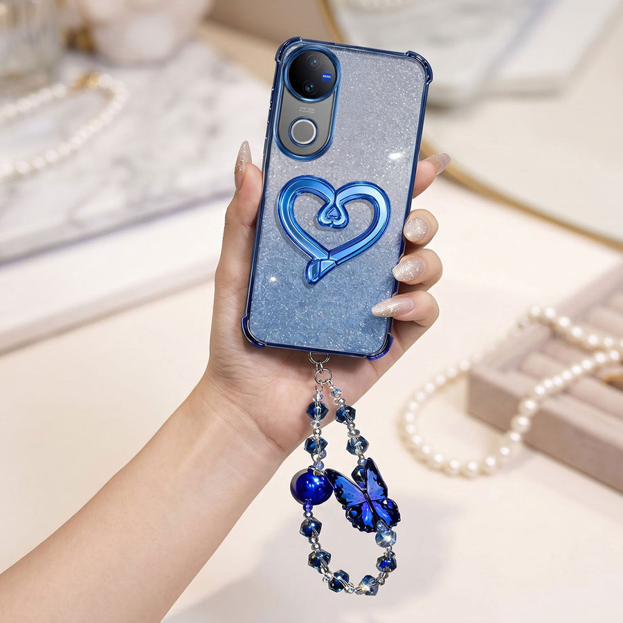 Vivo V50 5G Luxury Shimmer Airbag Heart Stand Case with Charm Strap