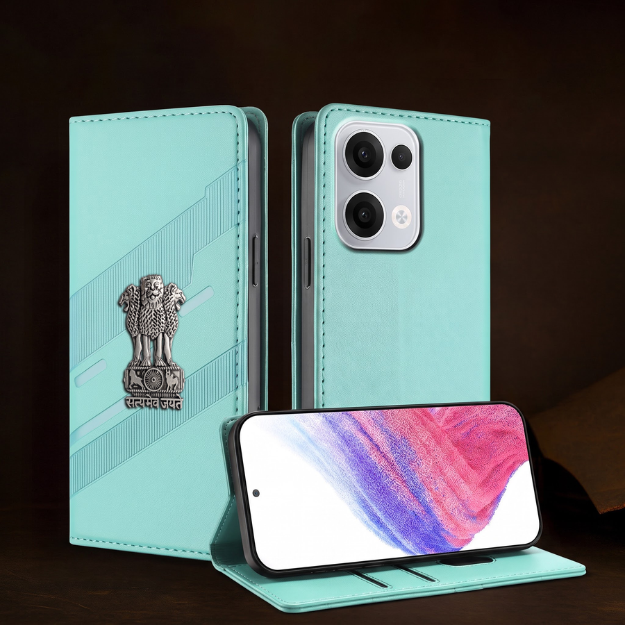 Oppo Reno 13 5G Satyamev Jayate 3D Emblem Magnetic Flip Wallet Case