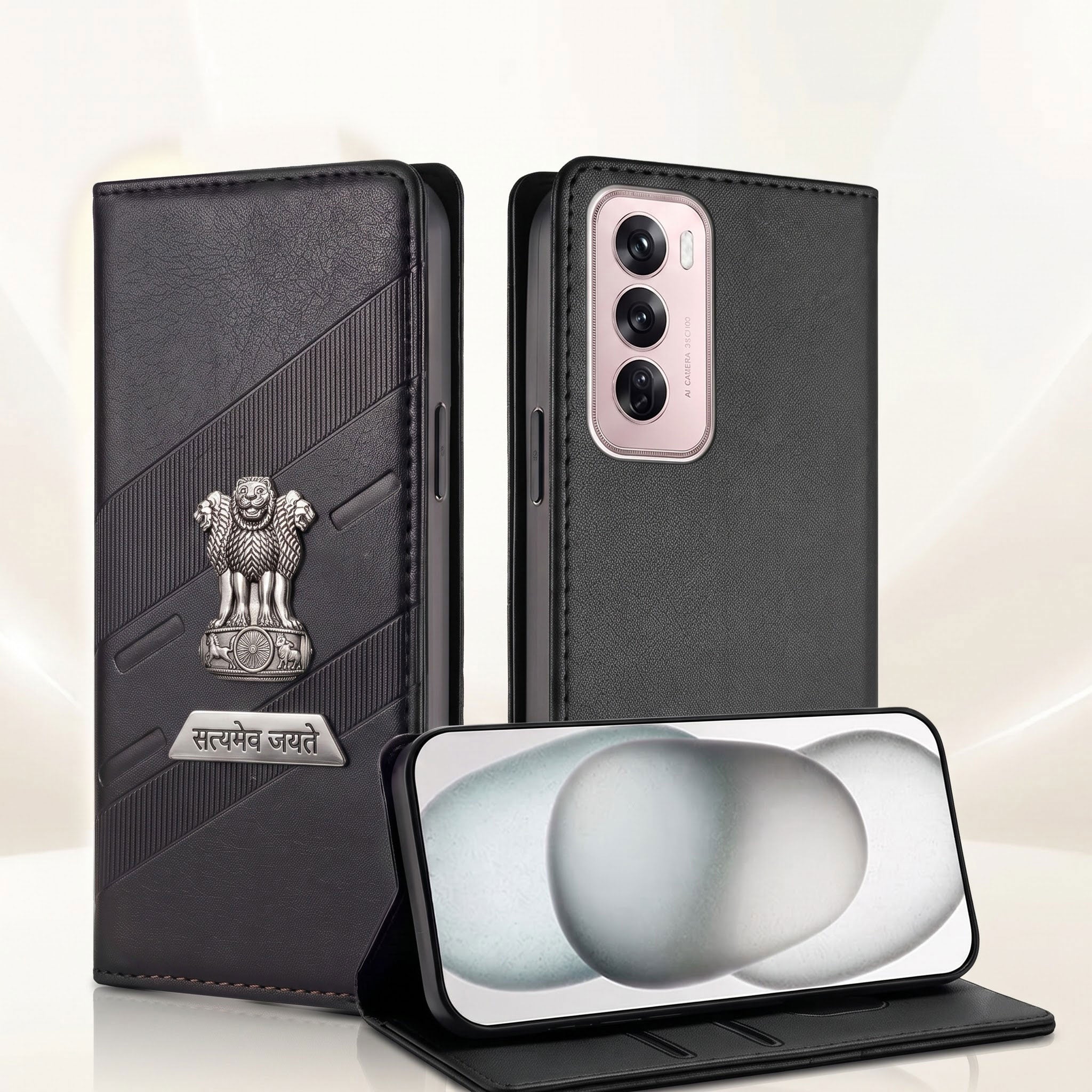 Oppo Reno 12 Pro 5G Metal Satyamev Jayate 2-in-1 Emblem Magnetic Flip Wallet Case