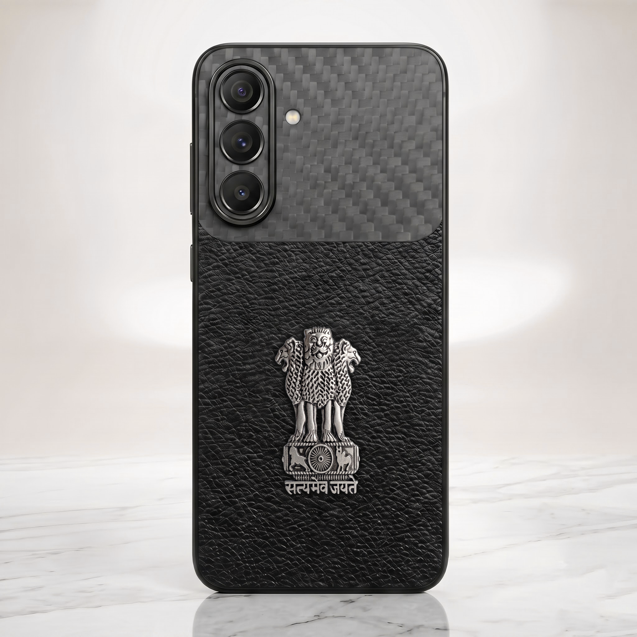Samsung Galaxy A27 5G Satyamev Jayate Carbon Fiber Leather Hybrid Phone Case