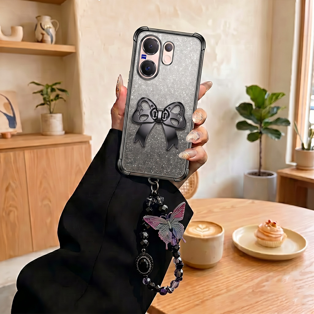 Vivo V60 5G Luxury Shimmer Airbag Bow Stand Case with Charm Strap