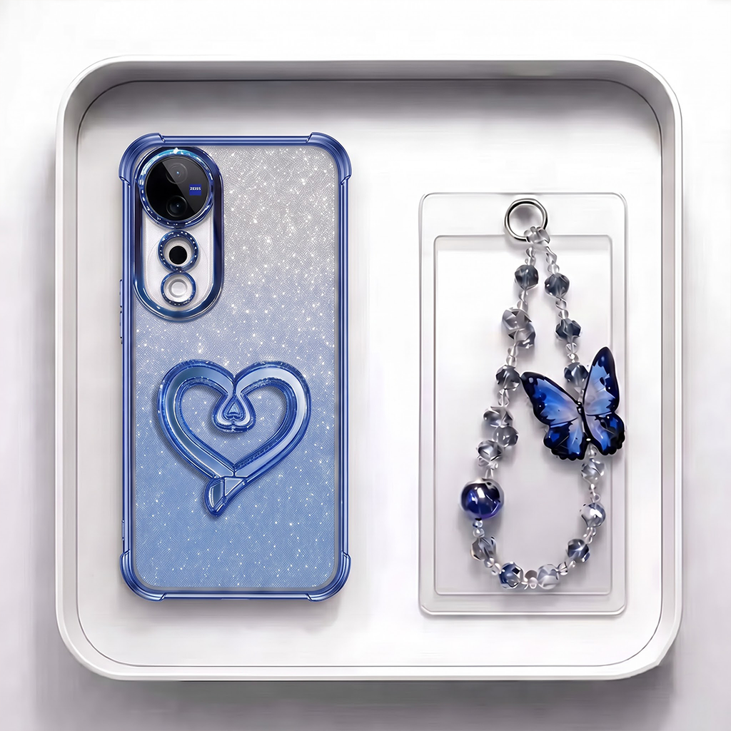 Vivo V40 Pro 5G Luxury Shimmer Airbag Heart Stand Case with Charm Strap