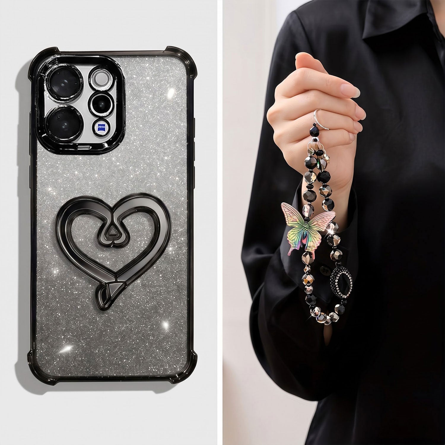 Vivo V70 5G Luxury Shimmer Airbag Heart Stand Case with Charm Strap