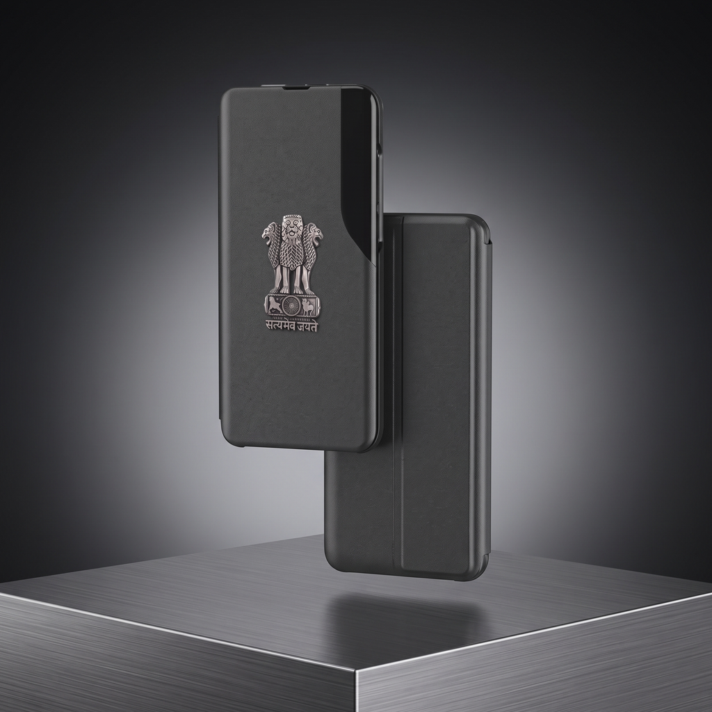 Vivo Y28 5G Metal Emblem Satyamev Jayate Half Window Leather Flip Case