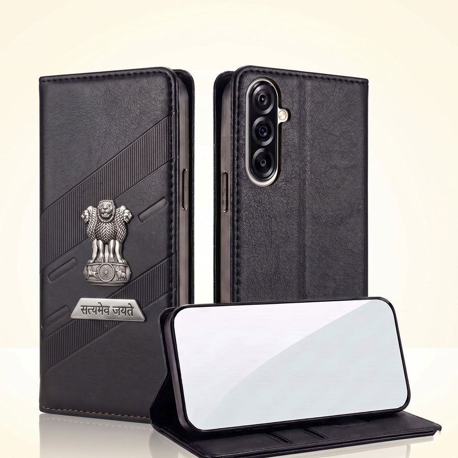 Samsung Galaxy A56 5G Metal Satyamev Jayate 2-in-1 Emblem Magnetic Flip Wallet Case