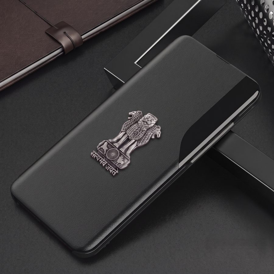 Vivo Y58 5G Metal Emblem Satyamev Jayate Half Window Leather Flip Case