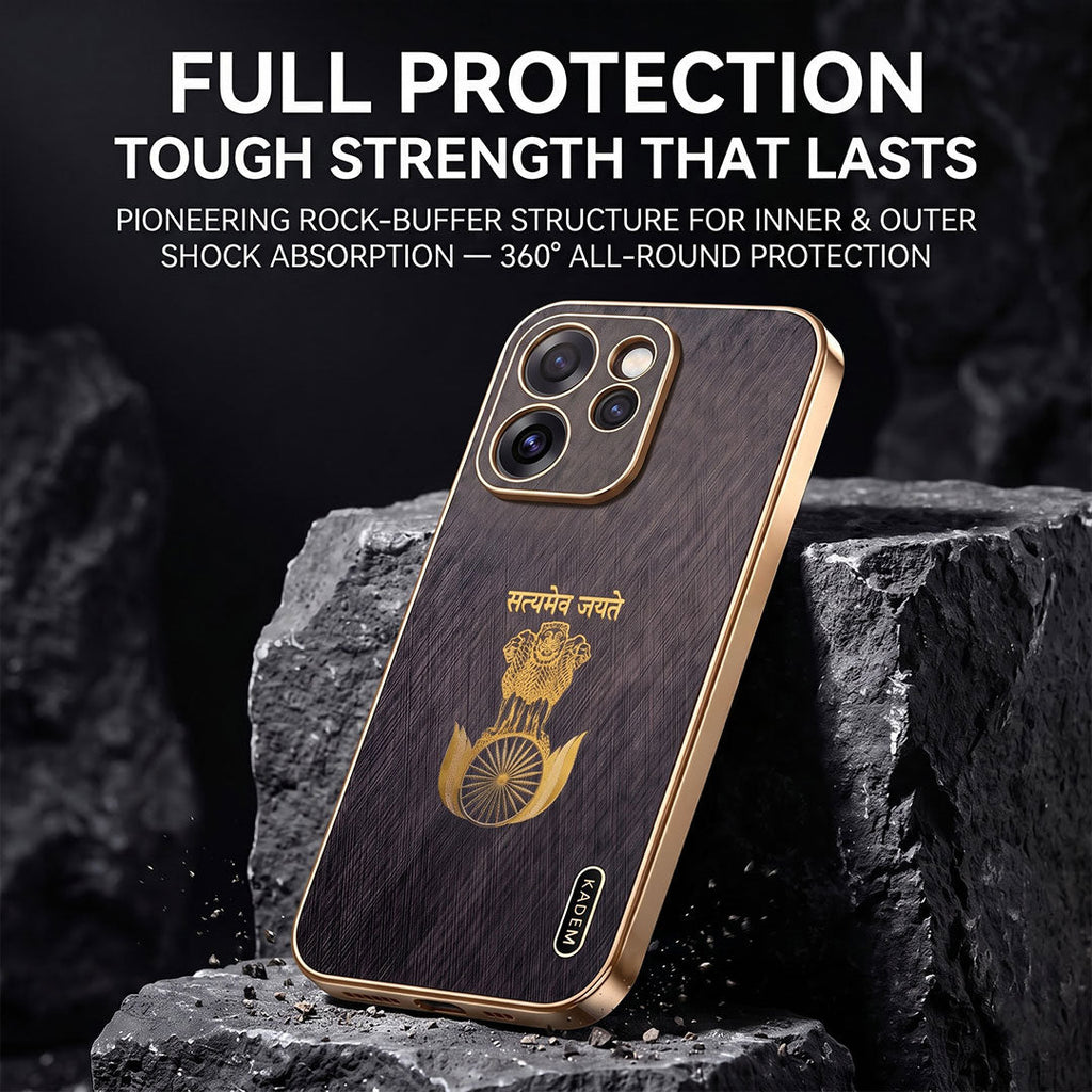 Oppo Reno 15 Pro Mini 5G Satyamev Jayate 3D Electroplated Frame Gold Thread Pattern Hard Back Case