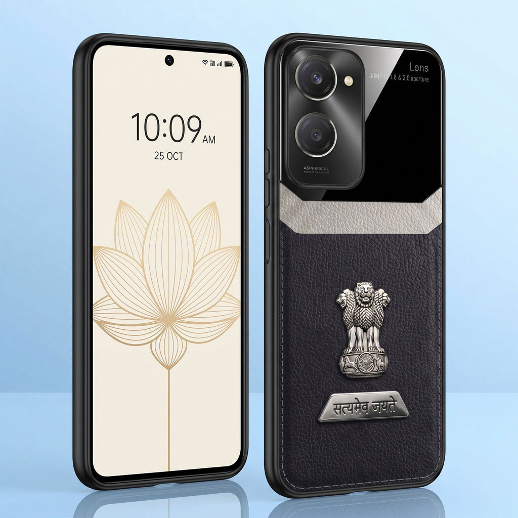 Vivo Y28s 5G Satyamev Jayate 2-in-1 Emblem Leather Lens Protective Back Case