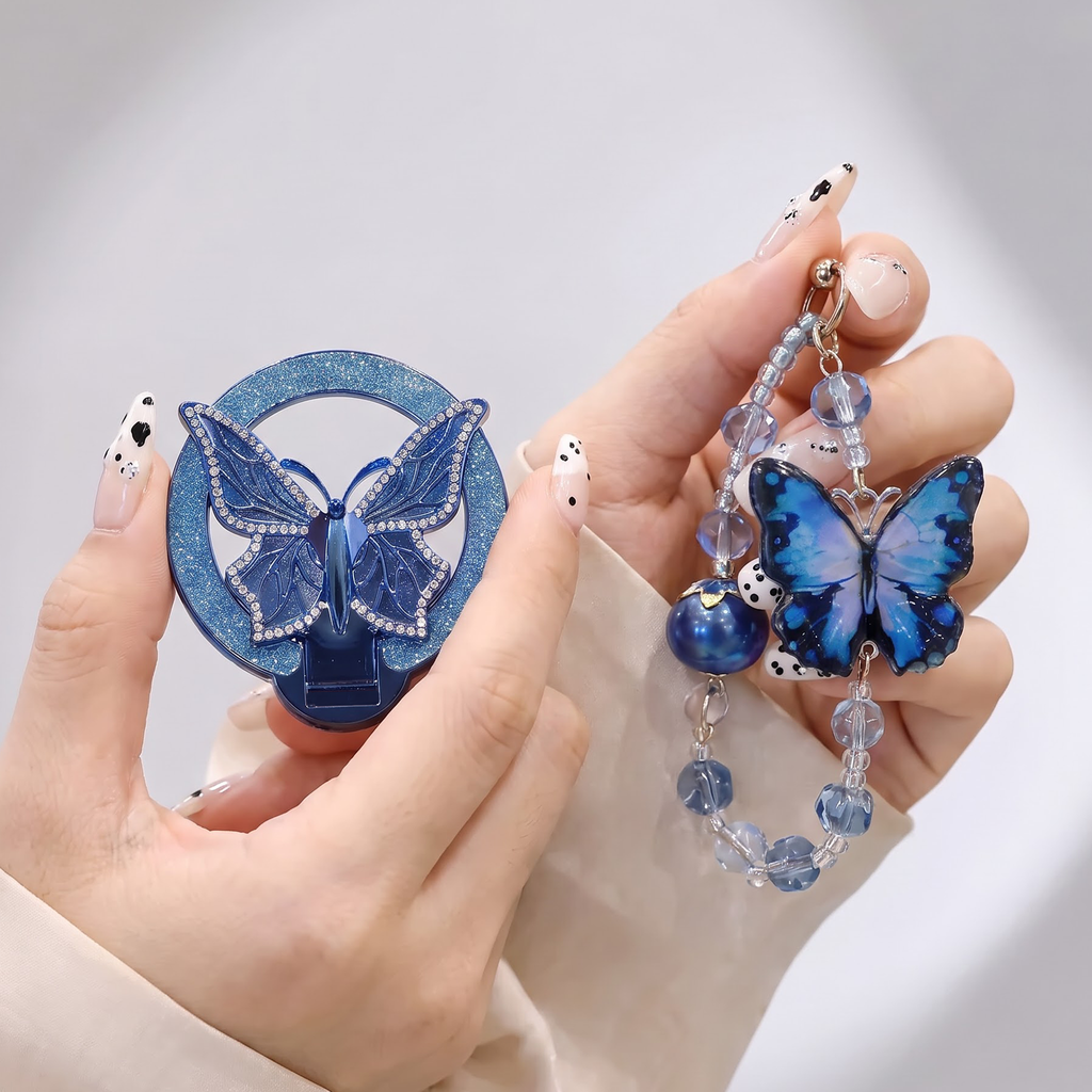 Vivo V60 5G Luxury Shimmer Airbag Butterfly Stand Case with Charm Strap