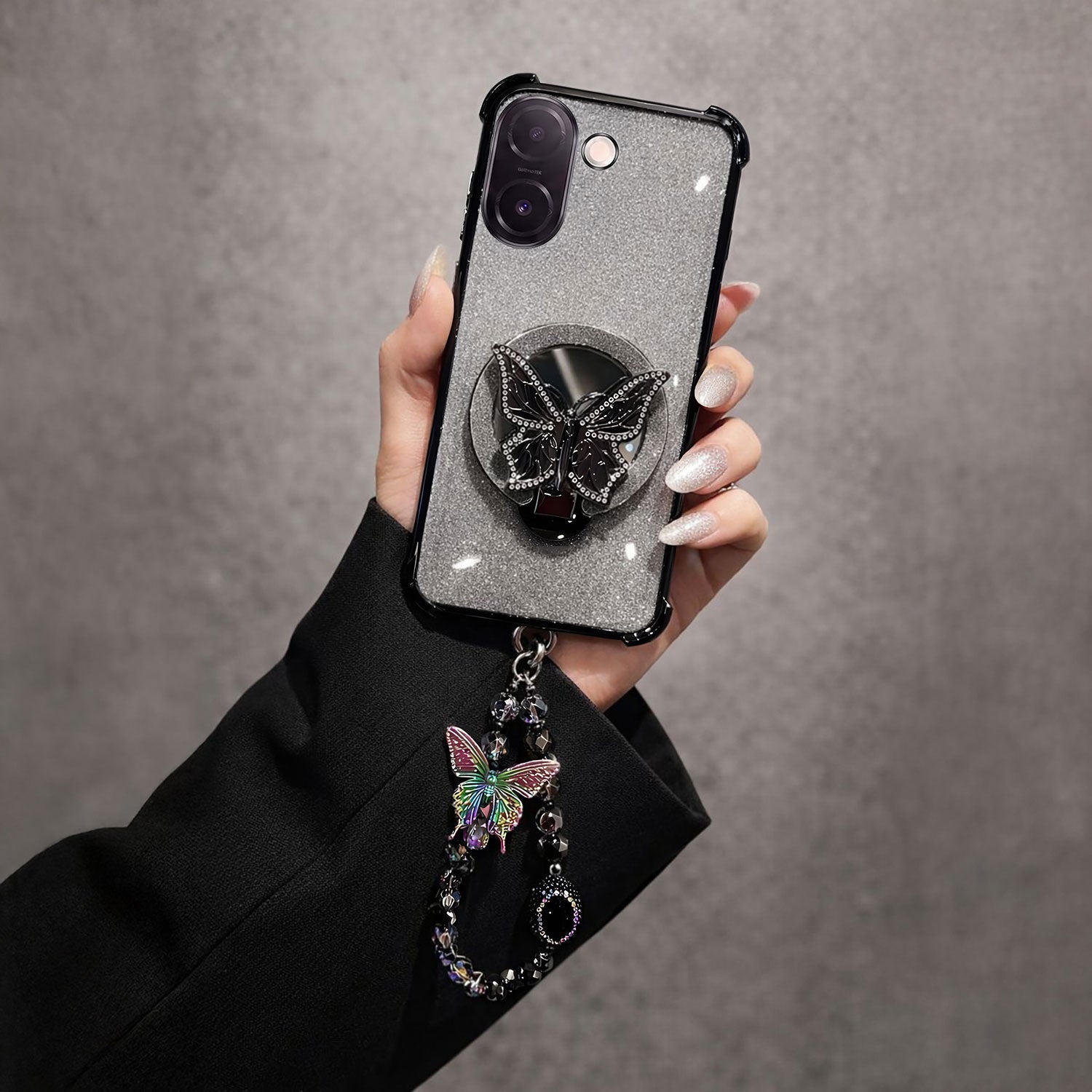 Vivo V60e 5G Luxury Shimmer Airbag Butterfly Stand Case with Charm Strap