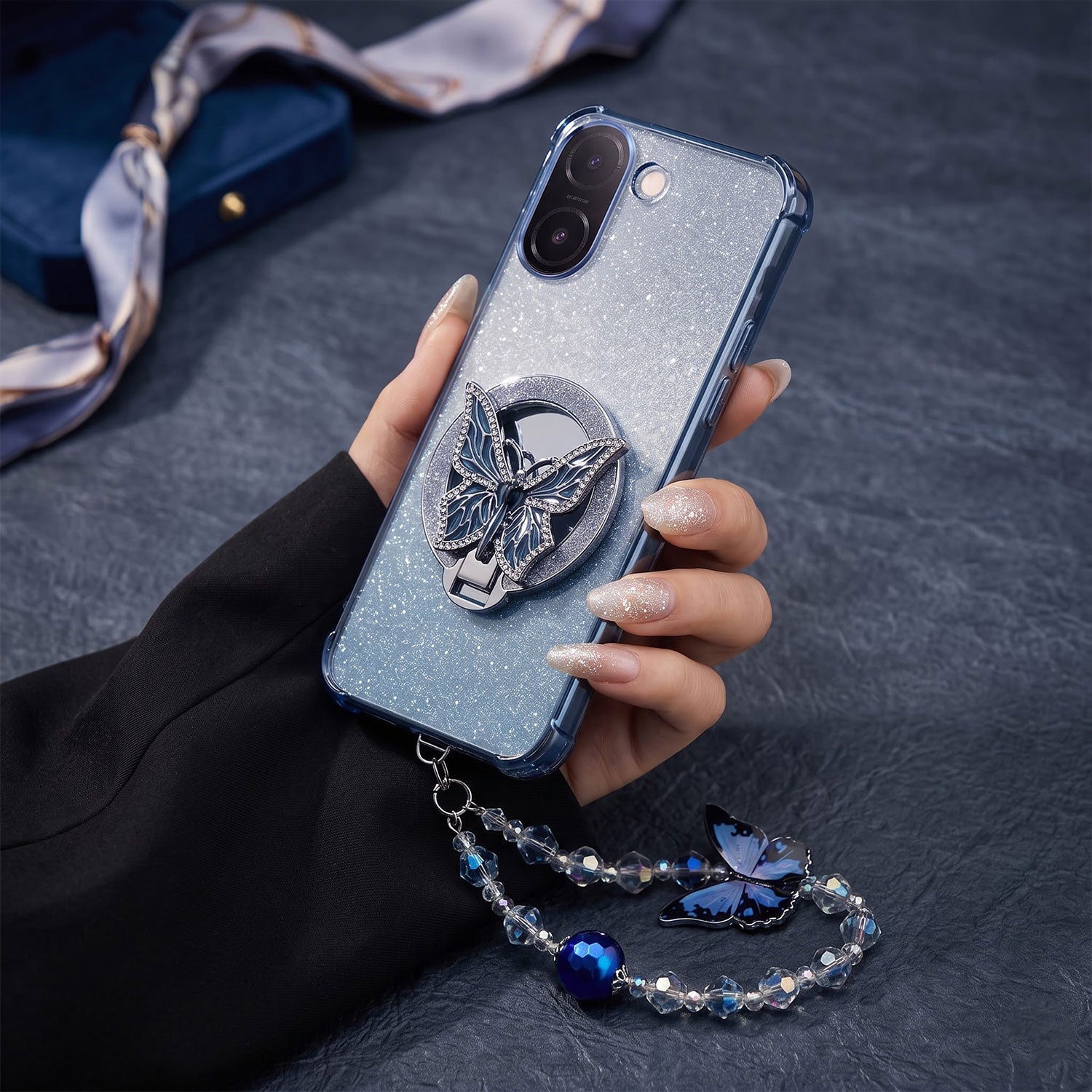 Vivo V60e 5G Luxury Shimmer Airbag Butterfly Stand Case with Charm Strap