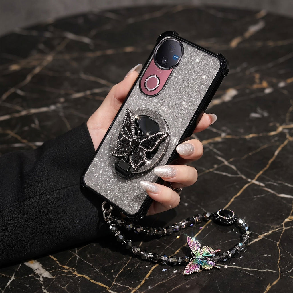 Vivo V50 5G Luxury Shimmer Airbag Butterfly Stand Case with Charm Strap