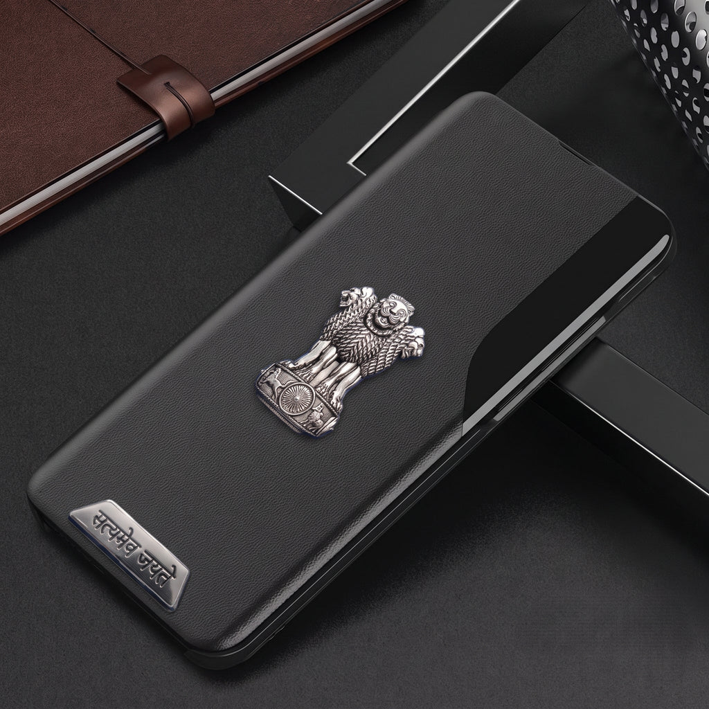 Redmi Note 13 Pro+ 5G Metal Satyamev Jayate 2-in-1 Emblem Half-Window Leather Flip Case