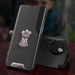 Vivo V30e 5G Metal Satyamev Jayate 2-in-1 Emblem Half-Window Leather Flip Case