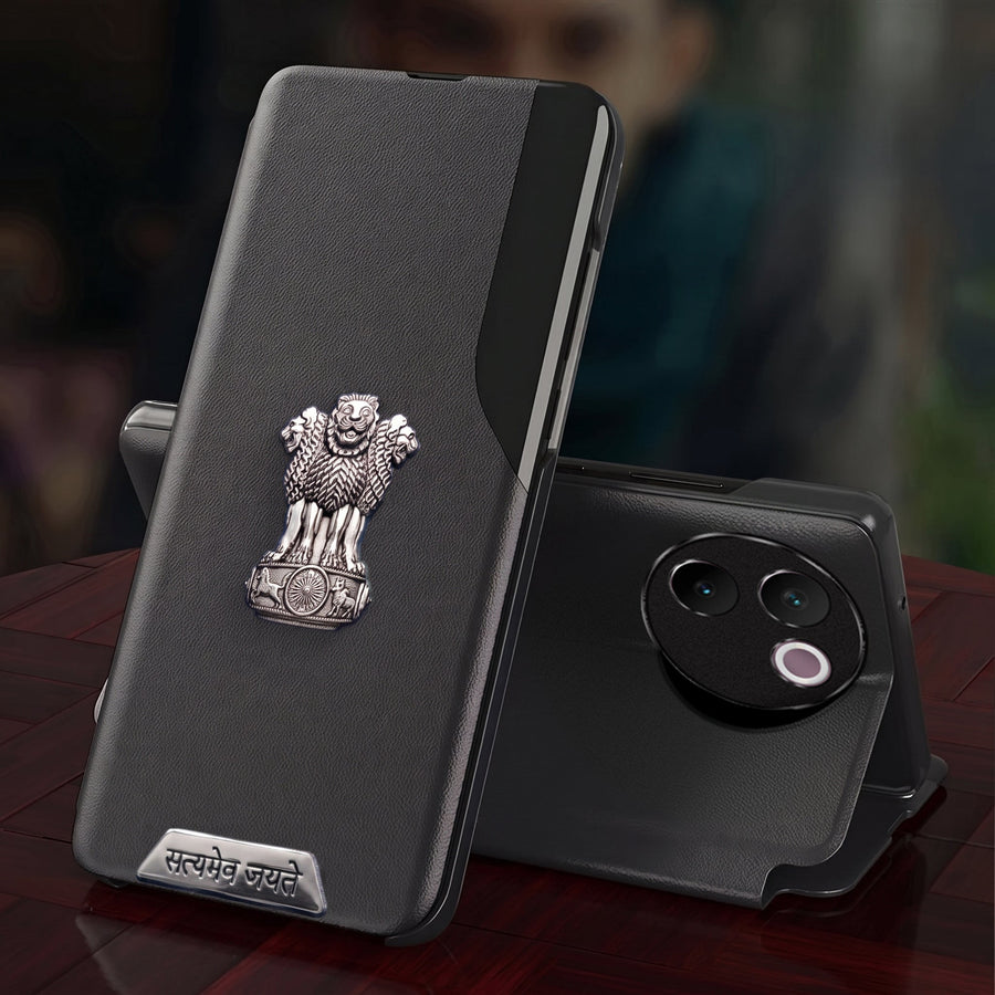 Vivo V30e 5G Metal Satyamev Jayate 2-in-1 Emblem Half-Window Leather Flip Case