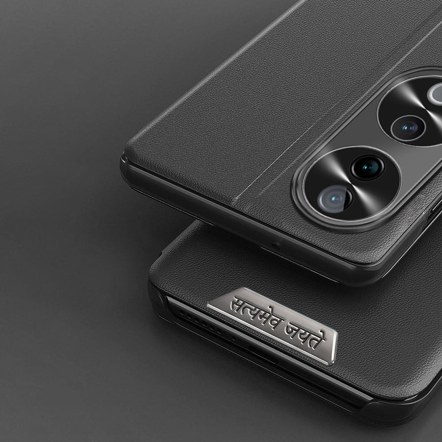 Vivo V40 Pro 5G Metal Satyamev Jayate 2-in-1 Emblem Half-Window Leather Flip Case