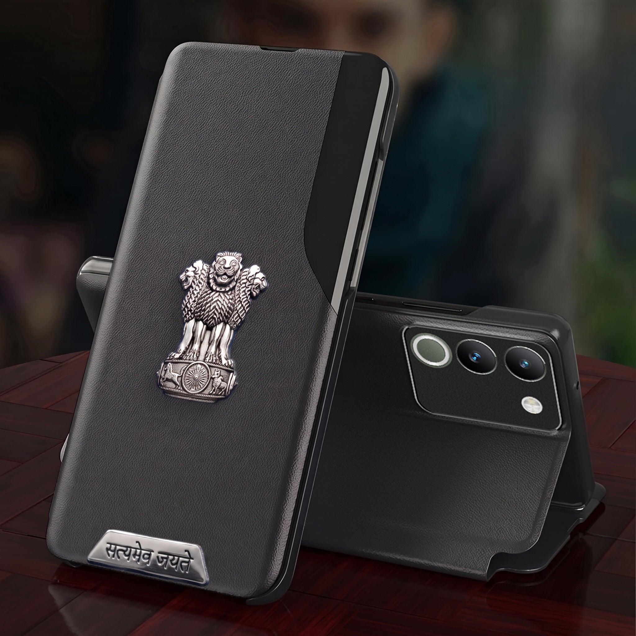 Vivo Y200 5G Metal Satyamev Jayate 2-in-1 Emblem Half-Window Leather Flip Case