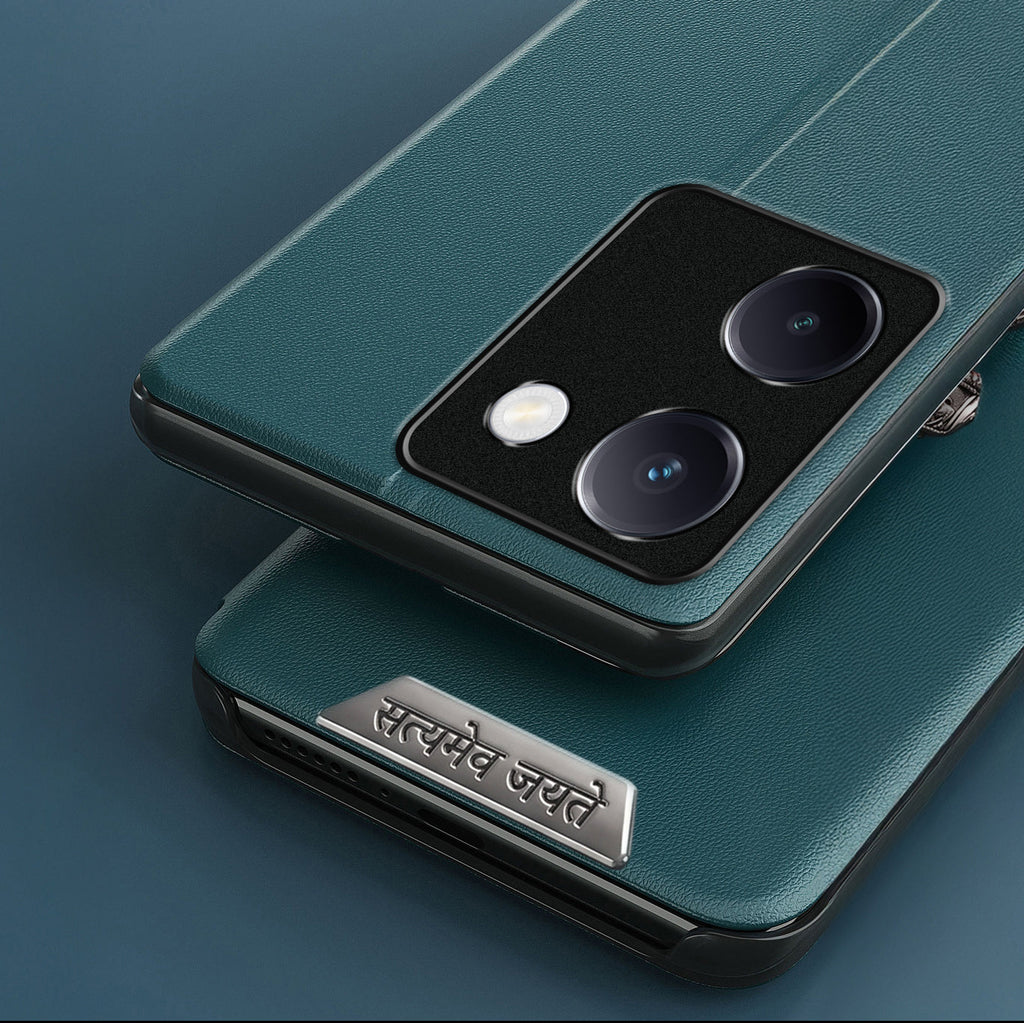 Vivo Y200 Pro 5G Metal Satyamev Jayate 2-in-1 Emblem Half-Window Leather Flip Case