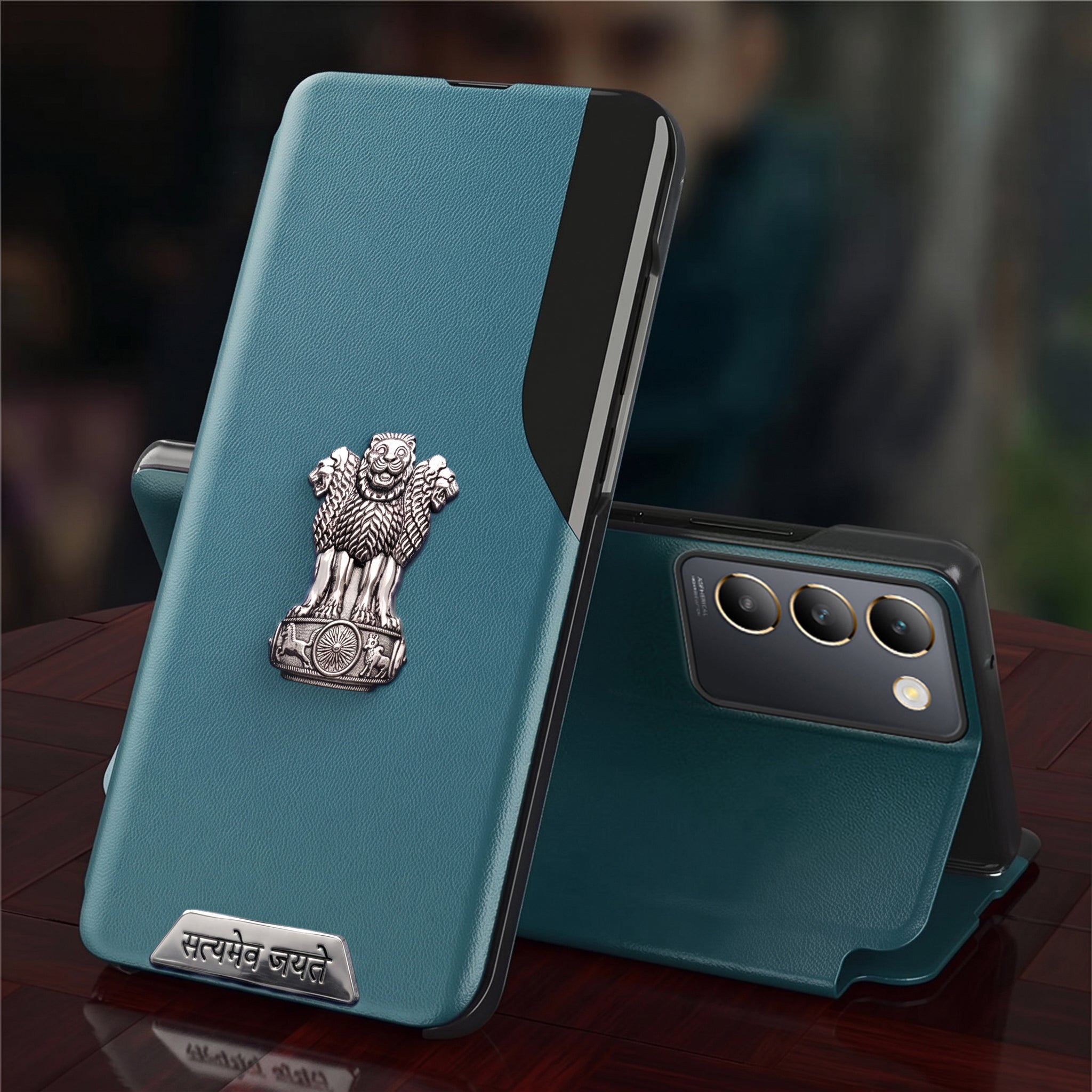 Vivo Y200e 5G Metal Satyamev Jayate 2-in-1 Emblem Half-Window Leather Flip Case