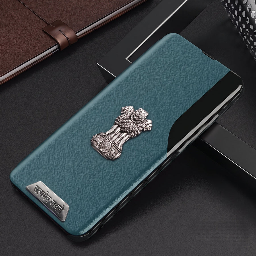 Vivo Y28 5G Metal Satyamev Jayate 2-in-1 Emblem Half-Window Leather Flip Case
