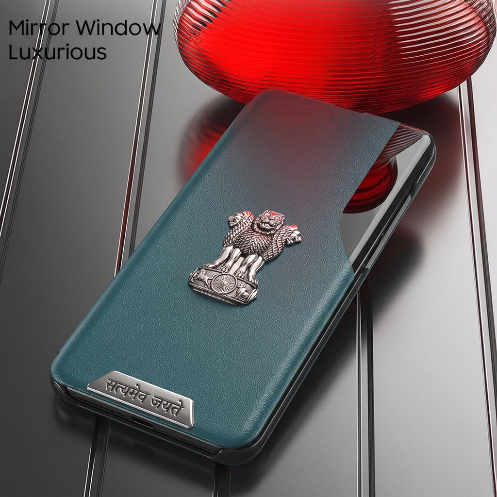 Vivo Y28 5G Metal Satyamev Jayate 2-in-1 Emblem Half-Window Leather Flip Case