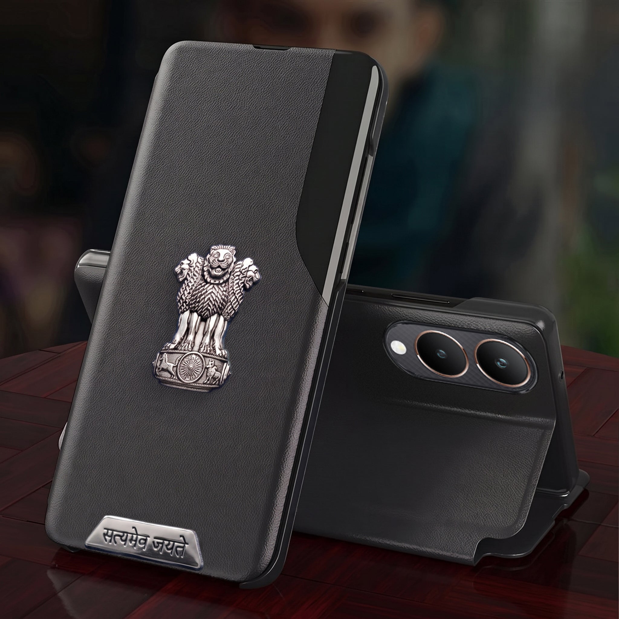 Vivo Y28 5G Metal Satyamev Jayate 2-in-1 Emblem Half-Window Leather Flip Case