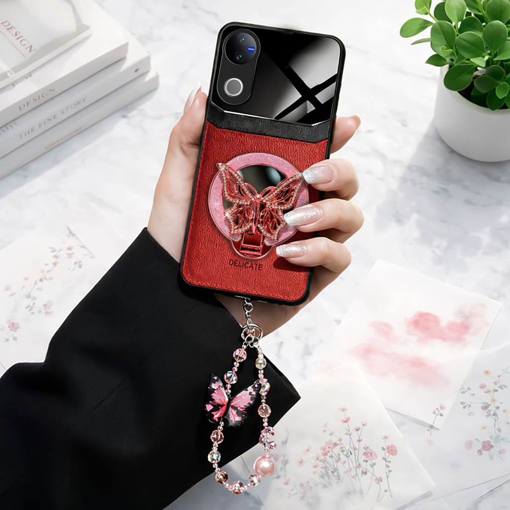 Vivo V50 5G Premium Leather Lens Butterfly Stand Case with Charm Strap