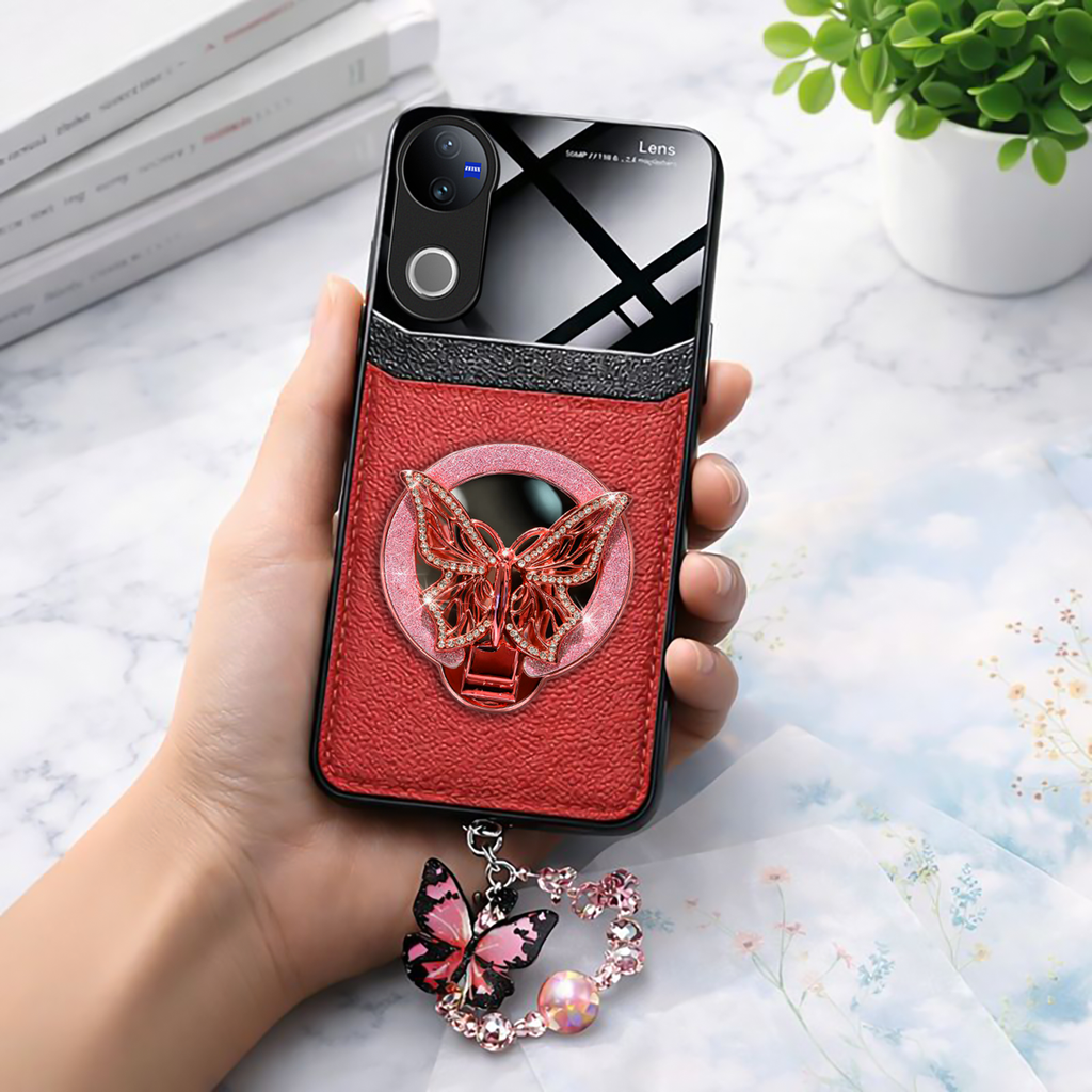 Vivo V50 5G Premium Leather Lens Butterfly Stand Case with Charm Strap