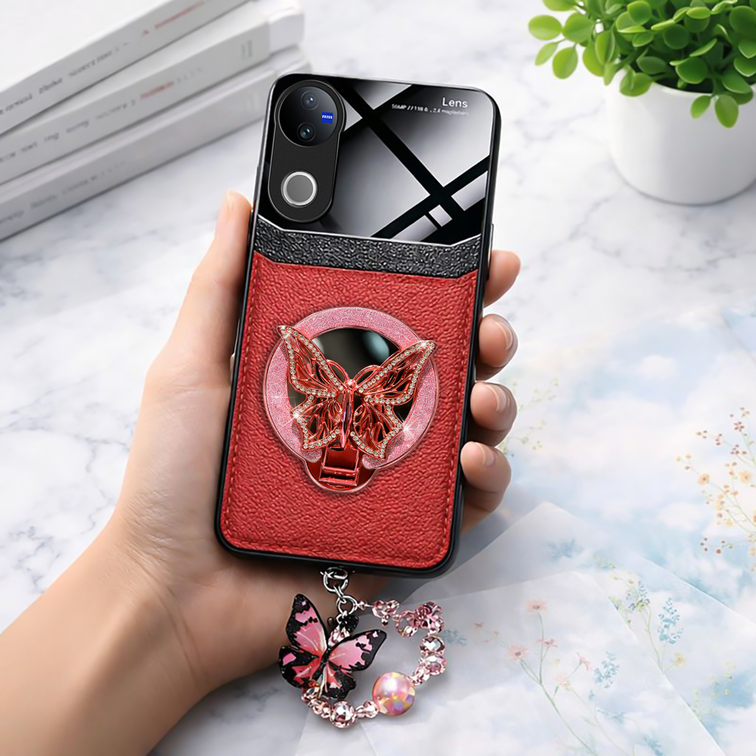 Vivo V50 5G Premium Leather Lens Butterfly Stand Case with Charm Strap