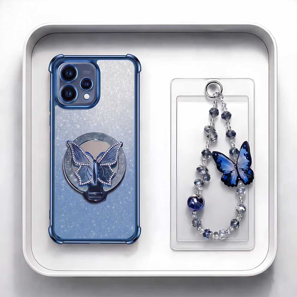 Oppo Reno 15 5G Luxury Shimmer Airbag Butterfly Stand Case with Charm Strap