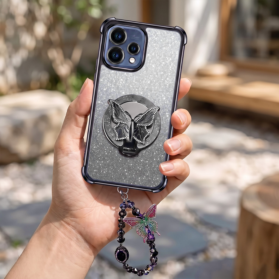 Oppo Reno 15 5G Luxury Shimmer Airbag Butterfly Stand Case with Charm Strap