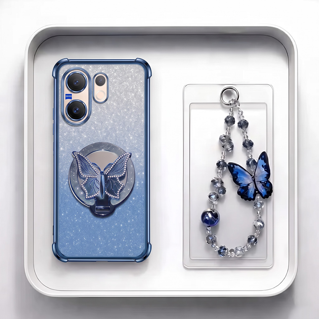 Vivo V60 5G Luxury Shimmer Airbag Butterfly Stand Case with Charm Strap