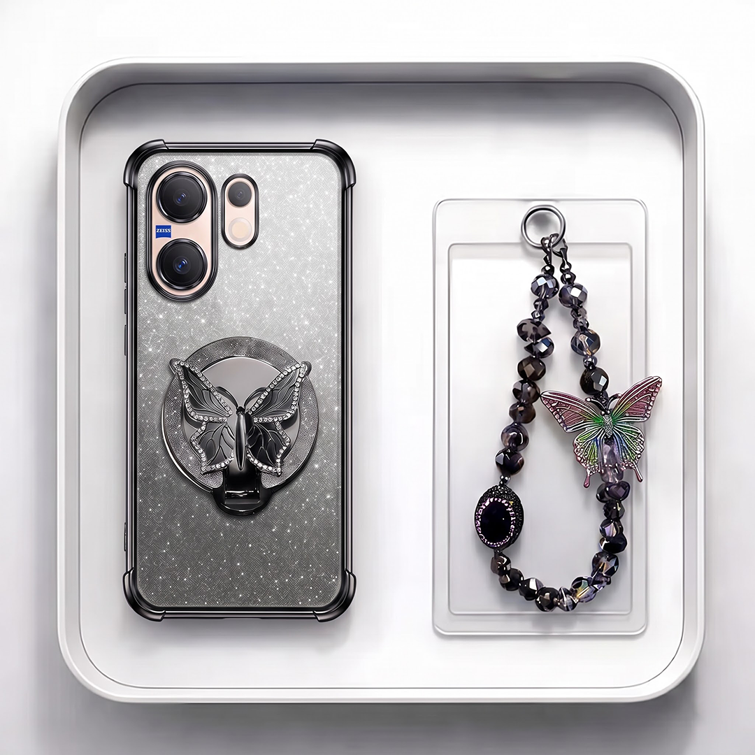 Vivo V60 5G Luxury Shimmer Airbag Butterfly Stand Case with Charm Strap