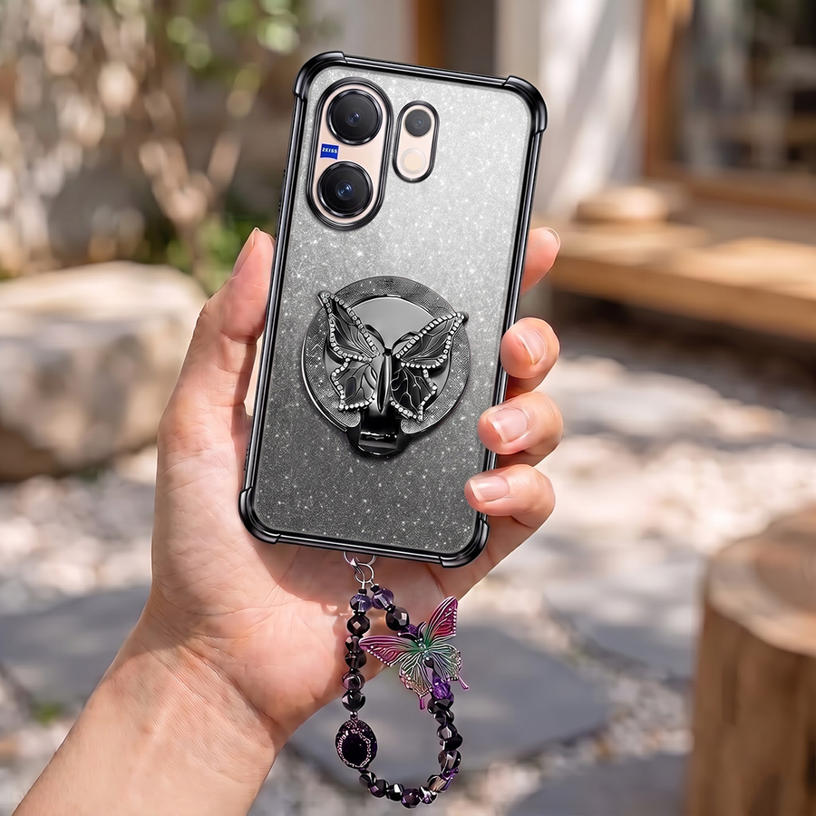 Vivo V60 5G Luxury Shimmer Airbag Butterfly Stand Case with Charm Strap